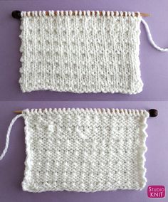 two white knitted items on a purple surface