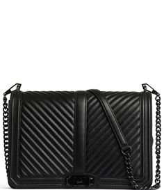 From REBECCA MINKOFF&#x2C; the Chevron Quilted Jumbo Love Crossbody Bag features:Genuine geo quilted leatherCustomer black hardware Flap closure with turn lock One exterior slip pocket Three exterior slip pockets Can be worn as crossbody or remove strap and wear as clutchApprox. 12" W x 8" H x 3.5" D bag; 22" detachable crossbody strap Imported. Leather Wallet Design, Rebecca Minkoff Crossbody Bag, Purse Outfit, Cute Crossbody Bags, Rebecca Minkoff Handbags, Wallet Design, Black Crossbody Bag, Black Crossbody Purse, Quilted Purses