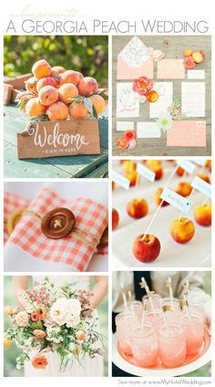 an orange and green wedding color scheme with flowers in vases, cocktail glasses, napkins