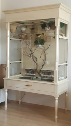 a white cabinet with glass shelves and plants in it on top of a hard wood floor