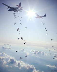 there are many birds flying in the sky and one plane has it's wings spread out