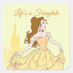 a square sticker with an image of a woman in a dress and the words life's a fairydale