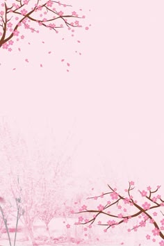 a pink background with trees and flowers in the foreground