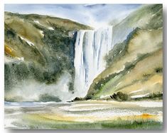 a watercolor painting of a waterfall in the mountains