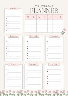 a printable planner with pink flowers on it