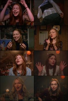 many different pictures of the same woman making faces and holding her hands up in front of her face