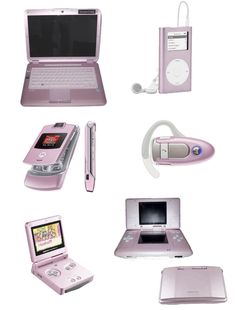 there are many different electronic devices on this white background, including a laptop and cell phone