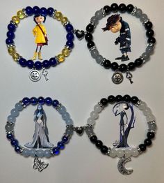 four bracelets with pictures of people on them and charms attached to the clasps