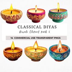 the different types of candles are shown in various colors and designs, with text reading classical diyas