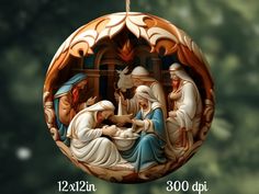 a wooden ornament depicting the birth of jesus