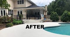 a before and after shot of a pool in front of a house with an above ground swimming pool