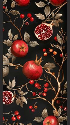 a painting of pomegranates and leaves on a black background with red berries