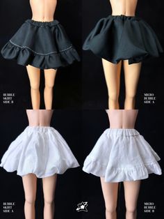 two mannequins with different skirts on their legs, one in white and the other in black