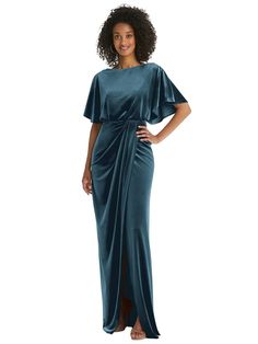 You'll Be A Free-spirited Vision In This Stunning Maxi Dress With Pockets. A Low Back And Flutter Sleeves Create A Chic Silhouette That's Equal Parts Sassy And Sweet. Sumptuous Lux Velvet Flows In A Gracefully Draped Design For A Look That Radiates Classic Glamour. Shown In Dutch Blue. Cocktail Dresses With Sleeves, Dutch Blue, Classic Glamour, Velvet Bridesmaid Dresses, Velvet Maxi Dress, Velvet Maxi, Maxi Bridesmaid Dresses, Infinity Dress, Bridal Party Dresses