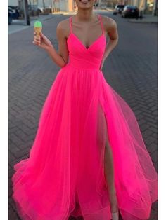 A-Line Prom Dresses Sexy Dress Wedding Party Birthday Court Train Sleeveless Spaghetti Strap Organza with Slit 2023 2023 - US $146.99 Pink Tulle Evening Dress, Pink Tulle Prom Dress, Prom Dresses Long Pink, V Neck Prom Dresses, Tulle Evening Dress, Pink Formal Dresses, Graduation Dresses, Pink Prom