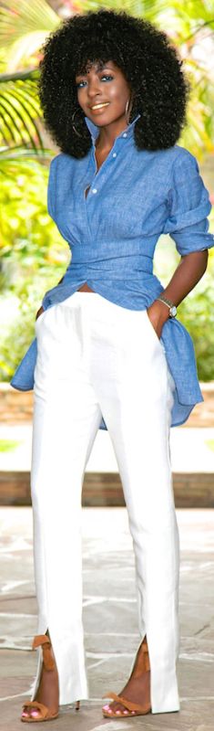 Tie Waist Denim Shirt + Front Slit Pants // Fashion Look by Style Pantry Style Désinvolte Chic, Woman Fashion, Denim Shirt, Jeans Shorts, Passion For Fashion, African Fashion, Fashion Pants