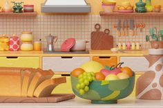 a painting of a bowl of fruit and bread in a kitchen with utensils on the counter