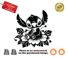 a black and white image of a bird with flowers on it's head, next to a red tag that says there is no watermark on the purchased image