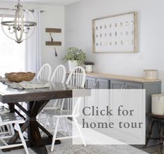 a dining room table and chairs with the words click for home tour overlayed