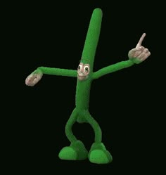 a green cartoon character pointing at something with one hand and the other holding up two fingers