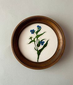 blue flowers are in a wooden frame on the wall behind it is a white background