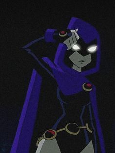 the animated character is dressed in purple and black, holding his hands on his head