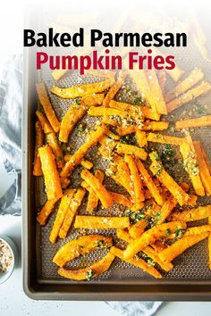 Savory, seasonal and totally addictive, these baked parmesan pumpkin fries are perfect for fall snacking. Pumpkin strips are drizzled with olive oil, tossed with a tasty seasoning mix, baked to perfection, then coated with garlic butter, parmesan and parsley. Enjoy this savory fall treat as a side dish, appetizer or tasty snack. Pumpkin Fries, Savory Halloween Food, Recipes Side Dishes, Fries Recipes, Thanksgiving Food Sides, Recipes Thanksgiving, Thanksgiving Recipes Side Dishes, Fall Cooking