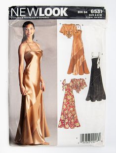 a women's dress and top sewing pattern from the new look magazine, featuring an image of a woman in a gown