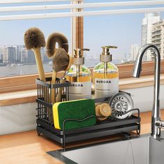 a kitchen sink filled with cleaning supplies next to a window