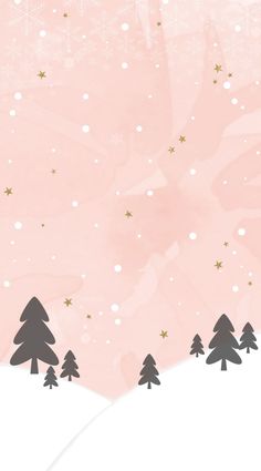 a pink background with trees and snow