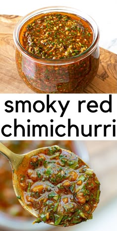 a spoon full of smoky red chimichurri on top of a wooden cutting board