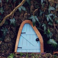 a small blue door sitting on the side of a tree