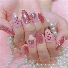 Gelly Nail Designs, Glitter Sparkle Nails, Pink Kawaii Nails Short, Kawaii Short Nails, Kawaii Nails Short, Pink Kawaii Nails, Deco Nails Kawaii, Glitter Kawaii Nails, Gyaru Nails Pink