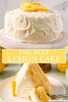 the best lemon cake is on a white plate