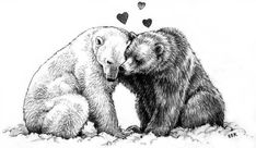 two bears sitting next to each other with hearts in the air above their heads and one bear