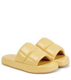 Luxury Round Toe Platform Slides, Luxury Platform Slides, Flat Platform Slippers, Synthetic Material, Luxury Leather Platform Slides, Yellow Flat Platform Sandals, Dancer Pants, Flat Sandals Outfit, Sandals Outfit, Head & Shoulders