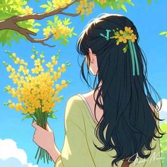 a girl with long black hair holding yellow flowers