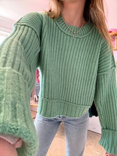 Our Matcha Latte Crop Sweater is the prettiest spring color sweater you'll wear over and over again. This sweater features sage color, cropped style, and exposed seam design on the hemline and neckline. Style this sweater with all your fave jeans and sneakers for the cutest casual fit! Content: 65% Acrylic 32% Polyester 3% Spandex Fit: TTS Model wearing size: Small Model sizing: 0-2 top, 24" bottoms | Height: 5'3" Preppy Girly Outfits Casual, Jean Sweater Outfit, Green Sweatshirt Outfit, Light Green Sweater, Outfit Dump, Kerrygold Butter, Cute Summer Fits, Dressing Well, Preppy Winter