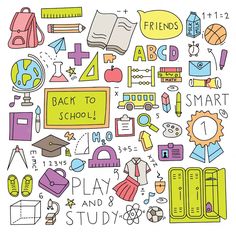 the back to school poster with doodles and icons in pastel colors on a white background