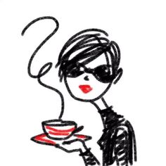 a drawing of a woman holding a cup and saucer with her hand on the plate