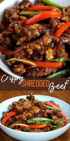 2 image collage of crispy fried beef and stir fried bell pepper in the light blue bowl. Crispy Shredded Beef, Shredded Beef Recipe, Chinese Beef Recipes, Recipe With Vegetables, Chinese Dishes Recipes, Shredded Beef Recipes, Crispy Beef, Beef Steak Recipes