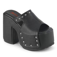 Demonia Camel-109 Black Vegan Leather 5" (12.7cm) Chunky Heel, 3" (7.6cm) Platform Slide Featuring Silver Chrome Plated Round Studs Free Shipping And Brand New In Box Multiple Sizes Available Perfect For A Festival Set, Rave Outfit, Goth Sandals, Dollskill Shoes, With Punk Clothing, Hot Topic Lovers And More #Nwt #Y2k #Retro #Emo #Alternative Chunky Heel Platform Sandals, Demonia Boots, Alternative Shoes, Demonia Shoes, Festival Shoes, Punk Boots, Black Platform Sandals, Gogo Boots, Silver Chrome