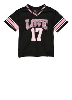 Short Sleeves, V-Neck, T-Shirt, Varsity Stripe Detail, Graphic Print, Jersey Mesh, Item Number 3635038340285 17 Number, Nepo Baby, Rainbow Shop, Girls Love, Football Jersey, Football Jerseys, Item Number, Graphic Prints, Short Sleeves