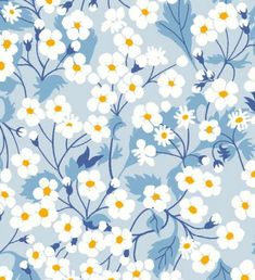 a blue and white flowered background with small yellow flowers on the bottom right corner