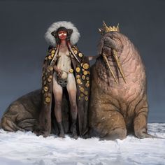 two people dressed in costumes standing next to each other on snow covered ground with large animals behind them