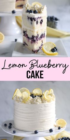 lemon blueberry cake on a plate with the words lemon blueberry cake above it