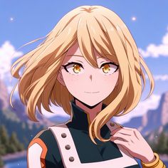 an anime character with blonde hair standing in front of mountains and trees, looking at the camera