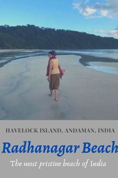 a woman walking on top of a sandy beach next to the ocean with text overlay reading radnangaar beach