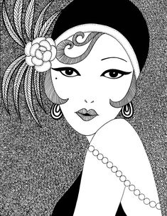 a black and white drawing of a woman's face with large earrings on her head