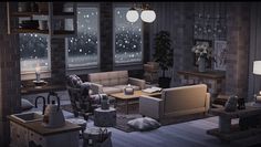 a living room filled with lots of furniture and windows covered in snowflakes at night